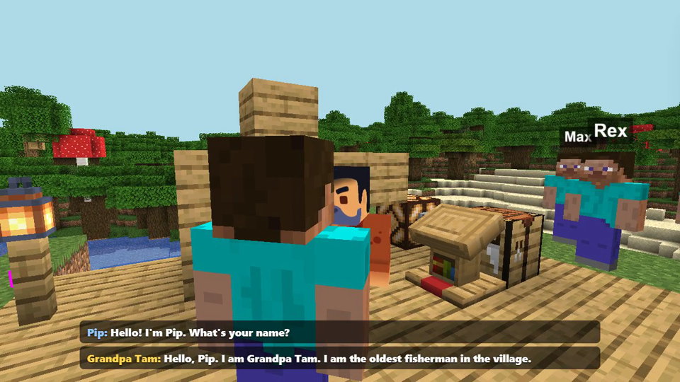 Over-the-shoulder shot of Pip greeting Grandpa Tam